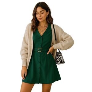 RIHOAS Women's Green Button Front V Neck Short Sleeve A Line Mini Dress Size M